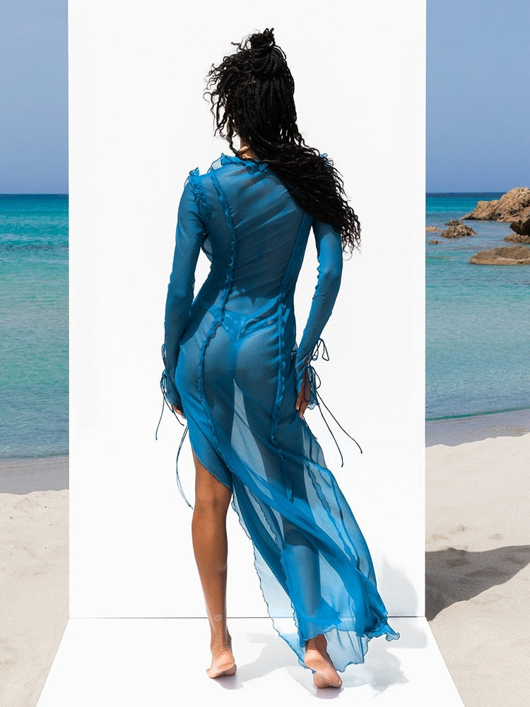 Summer Beach Dress Women Elegant Bandage Ruffles Slim Maxi Dress 2022 New Sexy Blue Long Sleeve Evening Party Dress Club Outfits