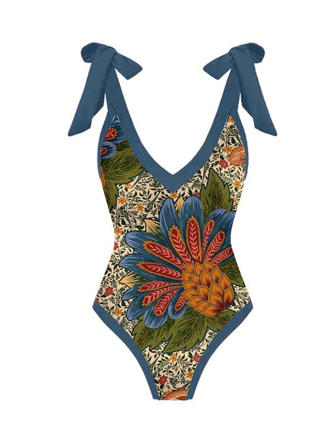 Lizakosht Printed Lace Up Chic One Piece Swimsuit Women's Bandage Swimsuit Thong Underwear Bra Summer Swiming Suit Luxury  Bourkini