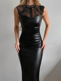 Lizakosht Fashion Women Casual Slim Fit Daily Party Club Black Dress Round Contrast Lace Sleeveless PU Leather Bodycon Dress