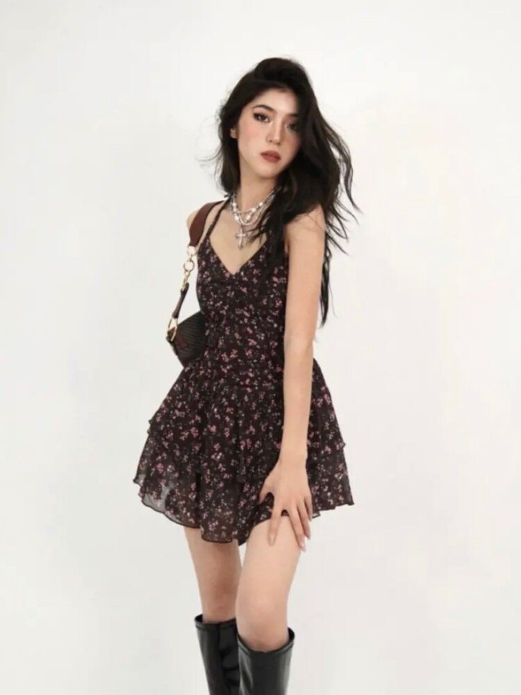 Halter Vintage Floral Dress Women Sexy Boho Bow Lace Up Backless Sleeveless Elegant Ruffle Patchwork Tunics Mini Skirt