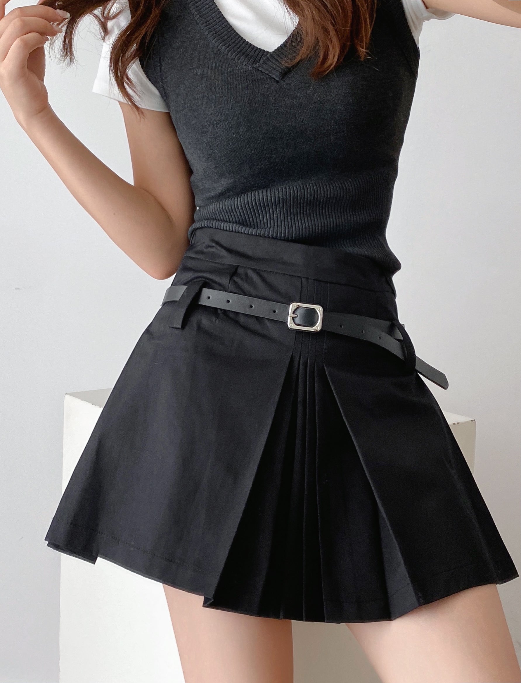 Lizakosht Vintage Summer Front Side Ruched Dropped Pleated Mini Skirt Preppy Style High Waist A-Lined Short Skirts Back Zipper