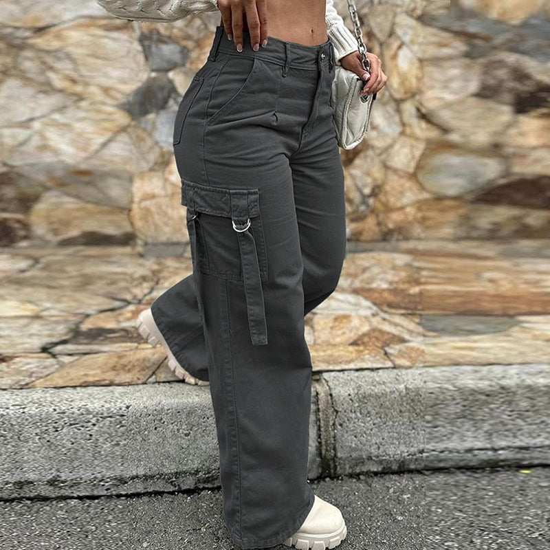 Lizakosht Women 2yk Clothes Oversize Wide-Leg Trousers Fashion Pocket Solid Color Long Pants Female Hip Hop High Waist Cargo Pants