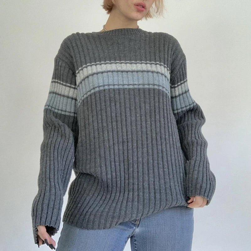 Lizakosht Retro Contrast Color Knitted Pullovers Chic Women Autumn Full Sleeve Loose Sweater Y2K Vintage Aesthetics Grunge Jumpers