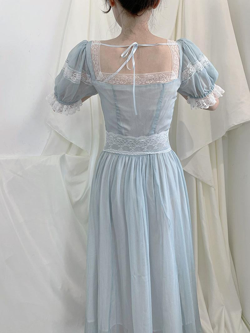 Fairy Party Dress Women Summer Vintage Blue Lace Meash Princess Dress Kawaii Lolita Elegant Casual One Piece Vestido