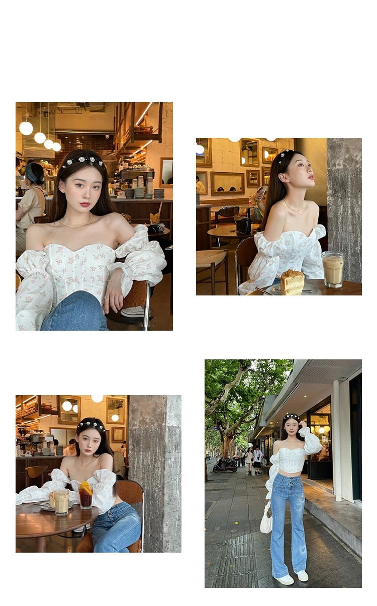 One Shoulder Long Bubble Sleeve Floral Shirt Spring Summer Top Women's Design Sense Niche Short Lining Aesthetic Clothes Kawaii