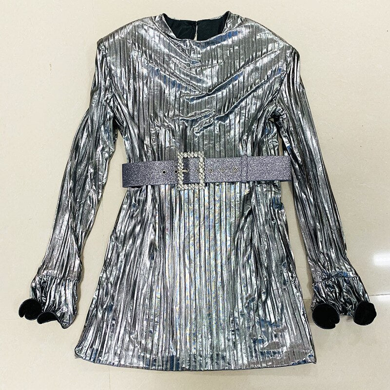 Lizakosht  Pleated Mini Dress with Belt Silver Gold 2022 New Designer BLING BLING Shiny Long Flare Sleeve Fashion Party Summer Dress