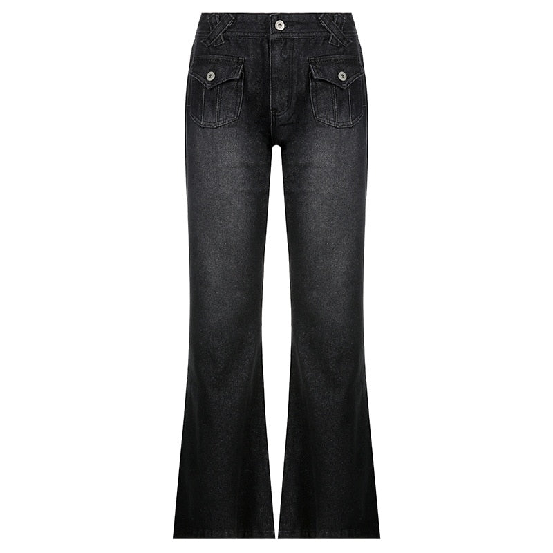 Lizakosht   Gothic Print Baggy Jeans Y2K Autumn Low Rise Trousers Vintage Casual Wide Leg Denim Aesthetic Women Cargo Pants Black