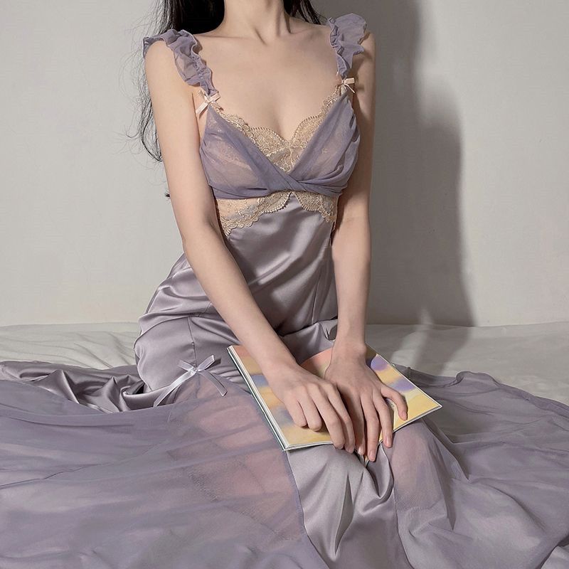 Lizakosht Woman Purple Pajamas Sleepwear Sexy Lace Nightdress Elagent V-collar Sling Bowknot Dress Skin Friendly Perspective Nightgown
