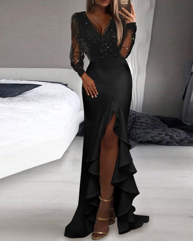 Lizakosht Elegant Women V Neck Black Party Club Dress Evening Maxi Dress Glitter Sheer Mesh Sleeve Split Thigh Ruffle Hem Prom Dress Gown