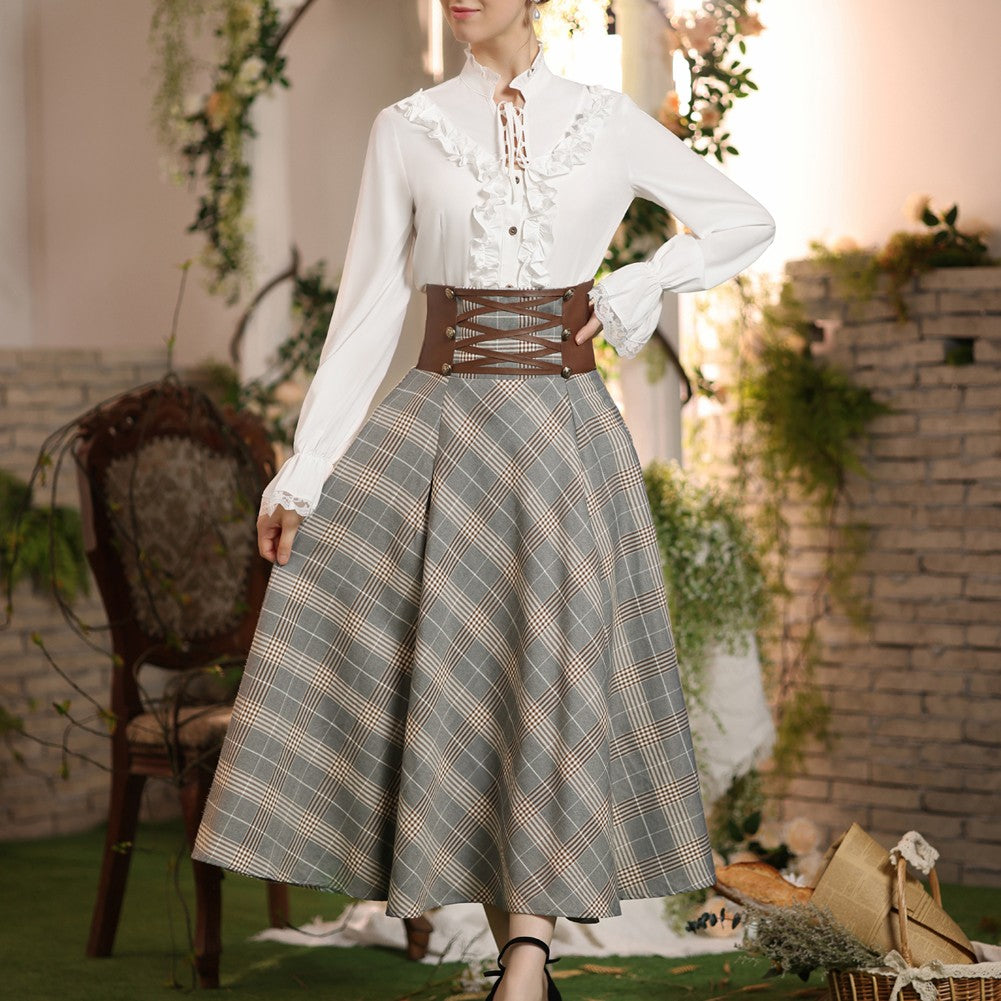 SD Womens Plaid Skirts Vintage Renaissance Corset Waisted Skirt High Waist Buttons Elegant Beach Harajuku Long A-Line Skirt