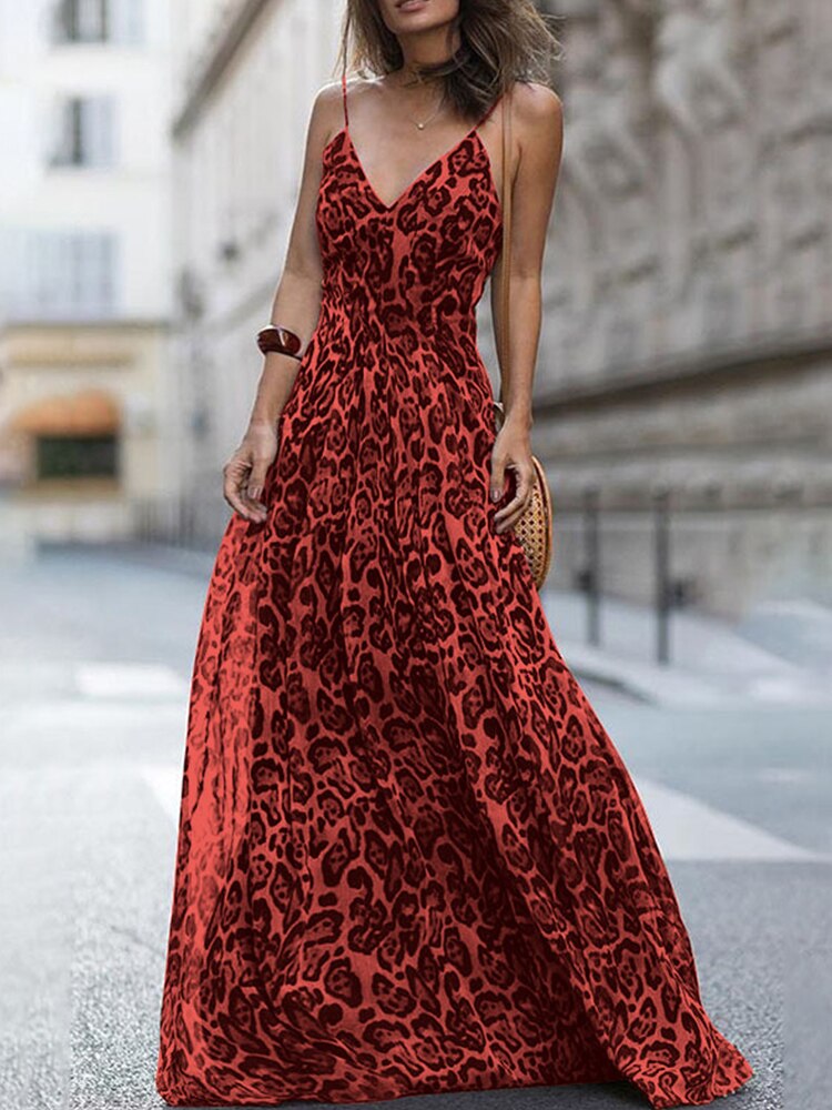 Summer Elegant Off Shoulder Long Party Dress Sexy V Neck Leopard Print Sling Dress Fashion Women Wrap Waist Hem Slim Robe Dress