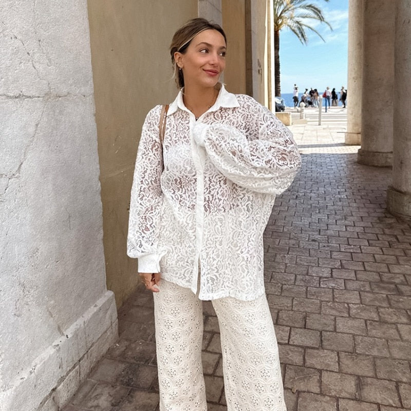 Lizakosht Summer Lace Hollow Out Shirt Top for Women Y2K INS Clothes Long Lantern Sleeve Single Breasted Loose T-shirt Blouse