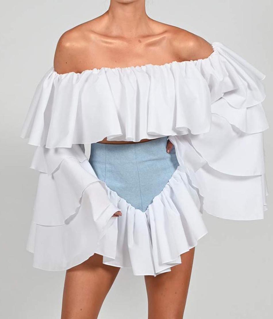 Lizakosht New Summer Two-Piece Suit One-Way Neck Ruffle Top Lady Elegant Ruffled Lady Tight Sexy Celebrity Party Suit