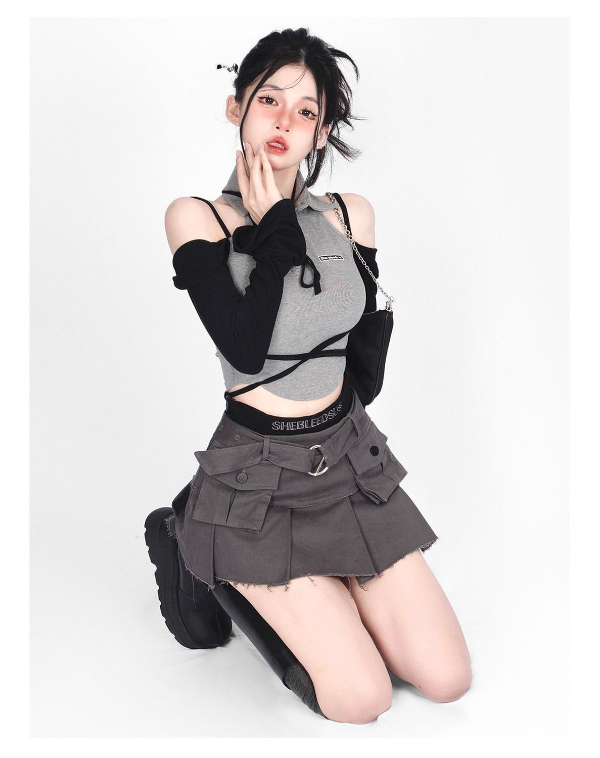Lizakosht Denim Cargo Skirt Women Vintage High Waist Pocket Belt Pleated Mini Skirt Sexy Fake Two-piece Patchwork Streetwear Y2k