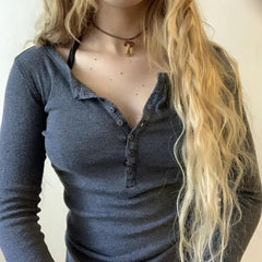 Lizakosht Y2K Button Up Ribbed Knitted Basic Tees Fairycore Retro Grunge Clothing 90s Vintage Aesthetic Slim Fit T Shirt Chic Women
