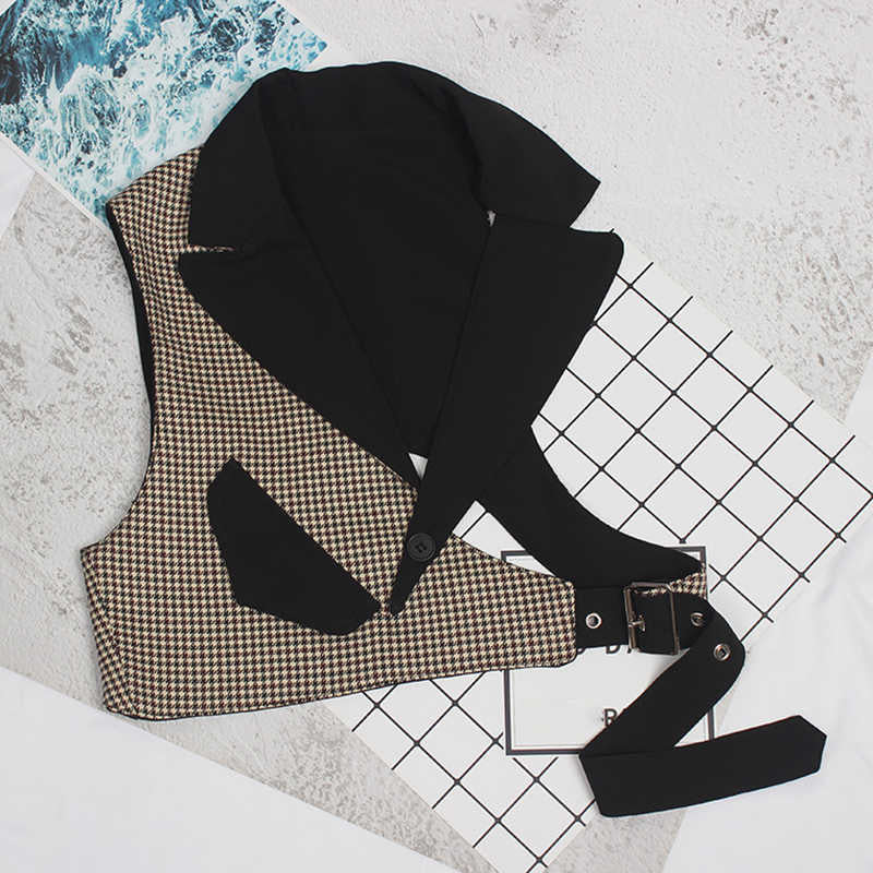 Lizakosht  Women Black Plaid Irregular Stitch Loose Fit Vest New V-collar Sleeveless   Fashion Tide Spring Autumn 2021 1DC530