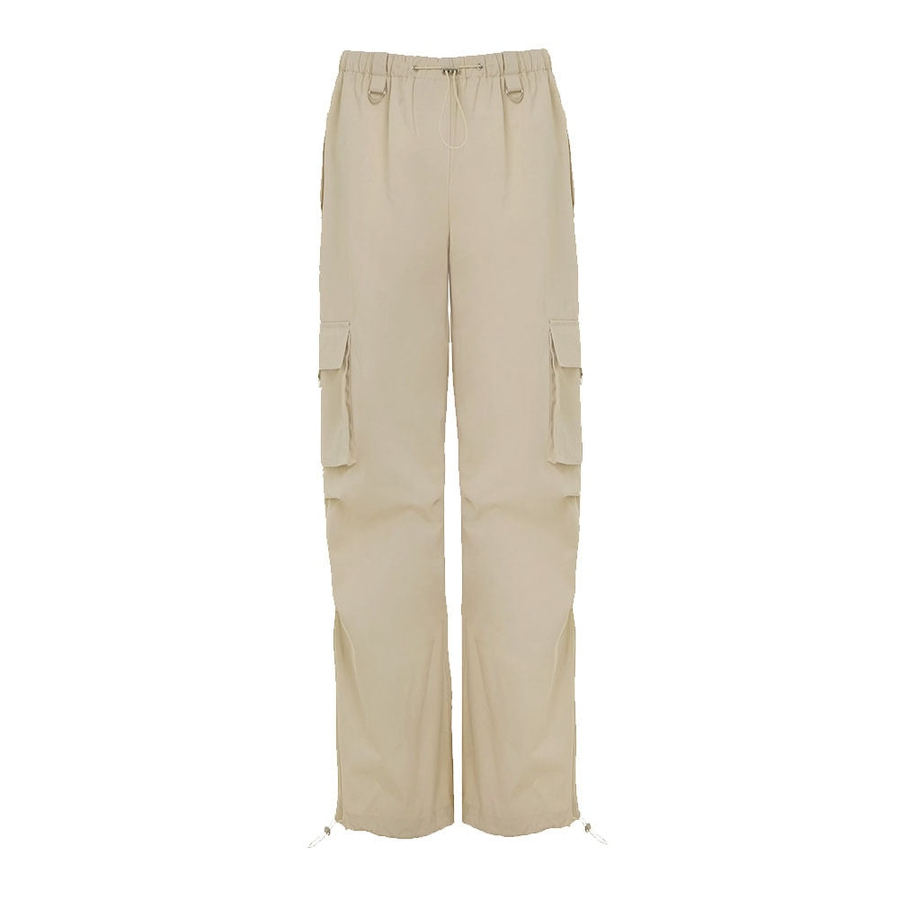 Lizakosht Large Pocket Neutral Wind Cargo Pants Women Drawstring Casual Wide Leg Pants Baggy Straight Trousers Female Clothes