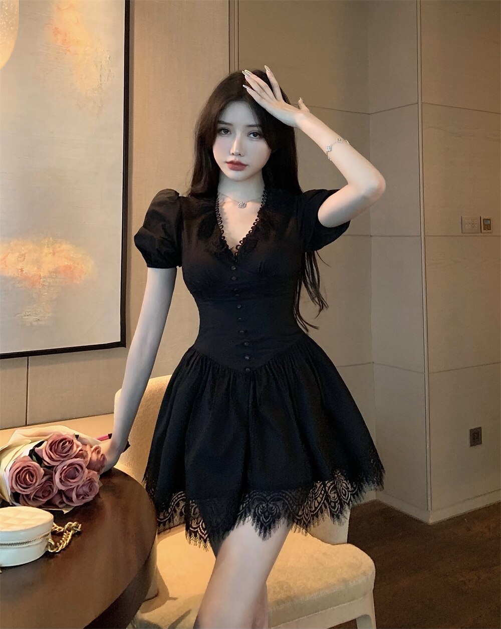 V-neck Lace Princess Dress Sexy Women's Summer Mini Dress 2022 Black High Waist  Slim Puffy Short Sleeve Party Dress Robe Femme
