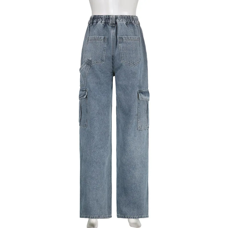 Lizakosht Elastic Waist Wide Leg Cargo Jeans with Big Pocket Patchwork Straight Grunge Hot Girl Vintage Baggy Denim Trousers Women