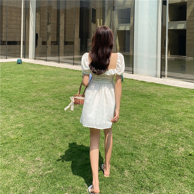 Lizakosht Summer new Daisy Embroidery Floral Dress Women High Waist Slim Lace Puff Sleeve Dresses Cottagecore Sweet Girl Cute Short Sleeve