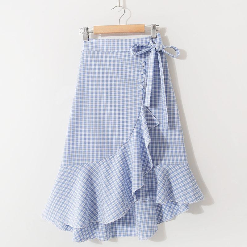 Summer Korean Lace-up Plaid High Waist Slim Ruffled Irregular Midi Skirt Elastic Waist A-line Side Split Ruffles Knee Skirts