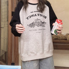 Lizakosht Vintage Sweatshirt Women Autumn Letter Print Fleece Loose Raglan Sleeve Cotton Pullovers Grunge Clothes