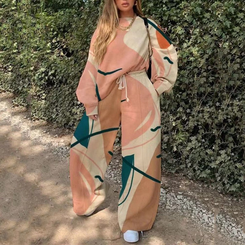 Lizakosht Autumn 2-Piece Set Women's Printed Casual Round Neck Sweater + Sports Wide Leg Pants Streetwear Basic Hoodie Set