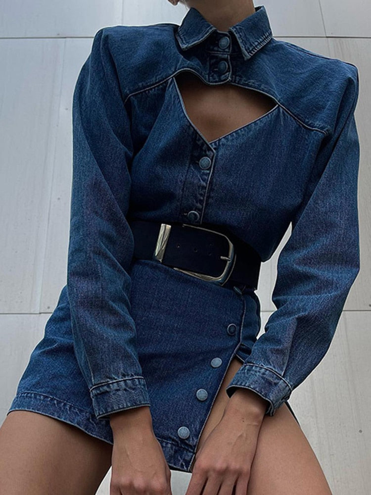 Lizakosht Denim Mini Dress Women Fashion Sexy Hollow Out Dress Elegant Split Lapel Streetwear Dress Lady Bodycon Blue Long Sleeve Dress