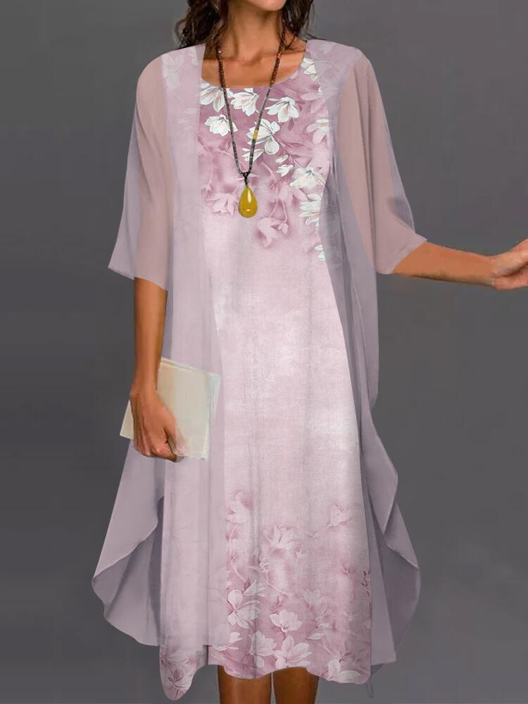 Spring Summer Women Sleeveless Dress Chiffon Irregular Coat Two Piece Set 2022 Lace Printed A-LINE O-Neck Casual Dresses