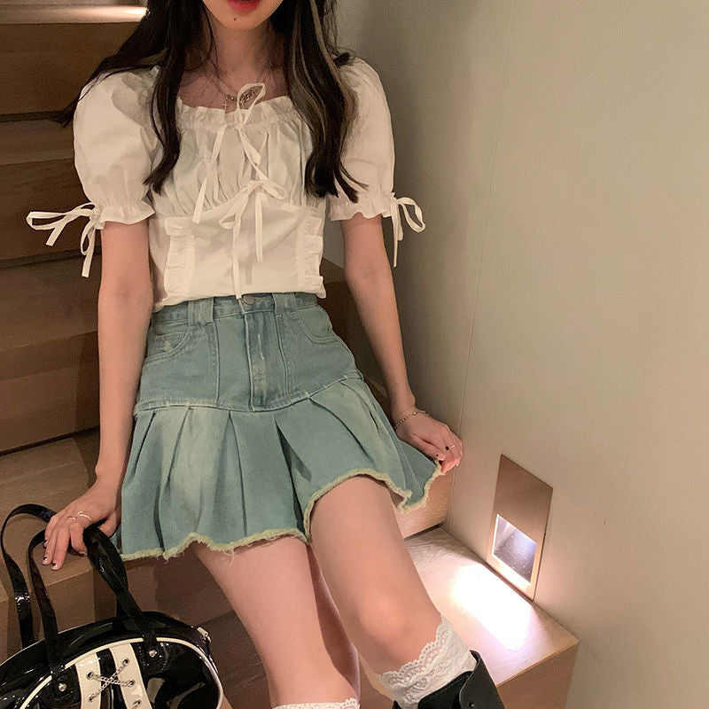 HOUZHOU Vintage Denim Mini Skirt Women Distressed Fringe Sweet High Waist Temperament A-line Pleated Skirt Summer Japanese Style