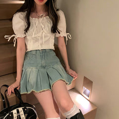 HOUZHOU Vintage Denim Mini Skirt Women Distressed Fringe Sweet High Waist Temperament A-line Pleated Skirt Summer Japanese Style
