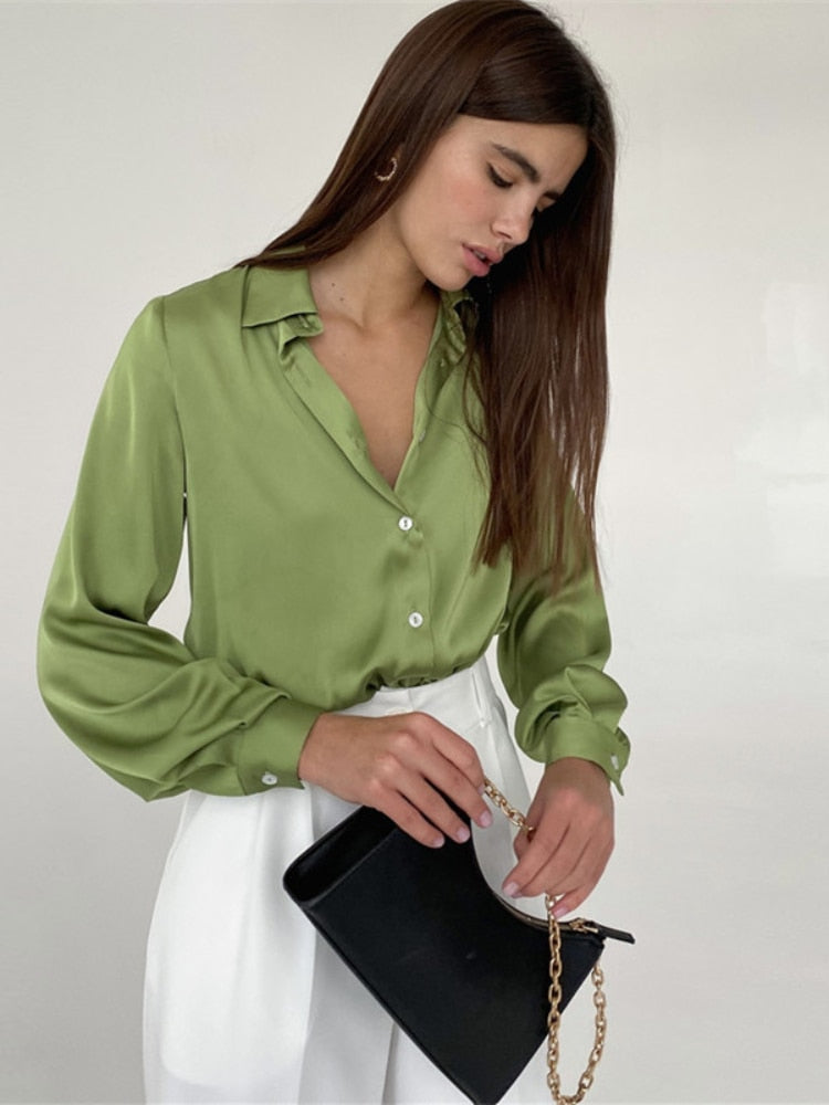Lizakosht  Satin Shirt Spring and Summer Long Sleeve Temperament Shirt Lapel  Woman Button Up Shirt Long Sleeve Blouse Shirts Women Shirts