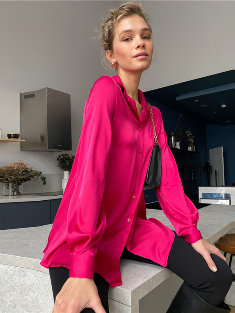 Lizakosht  Satin Shirt Spring and Summer Long Sleeve Temperament Shirt Lapel  Woman Button Up Shirt Long Sleeve Blouse Shirts Women Shirts