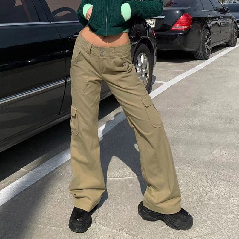 Lizakosht New Cargo Pants Y2K Women Vintage Elastic High Waist Big Pockets Trousers Streetwear Hip Hop Drawstring Retro Baggy Jeans ins