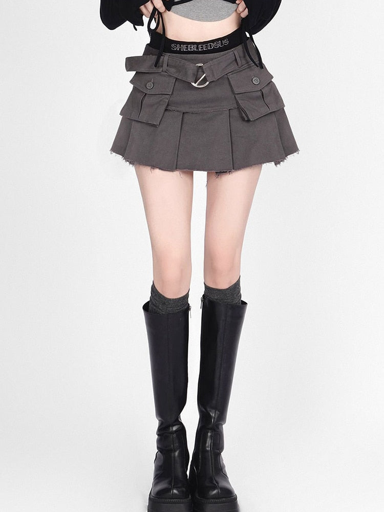 Lizakosht Denim Cargo Skirt Women Vintage High Waist Pocket Belt Pleated Mini Skirt Sexy Fake Two-piece Patchwork Streetwear Y2k