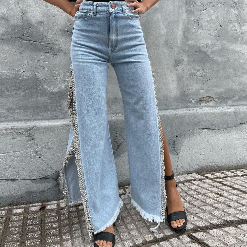Lizakosht High Waisted Side Split Out Jeans Women Casual Loose Cargo Black Pants Streetwear Summer Wide Leg Long Baggy Y2k Jeans