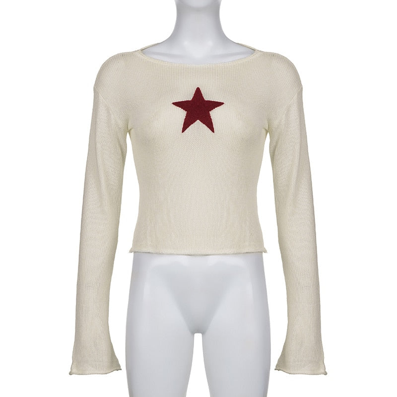 Lizakosht Spring Y2k Sweater Women Cute Star Stitching Knitwear Smock Vintage Long Sleeve Hollow Out Sweaters Lady Jumper Fairycore Retro