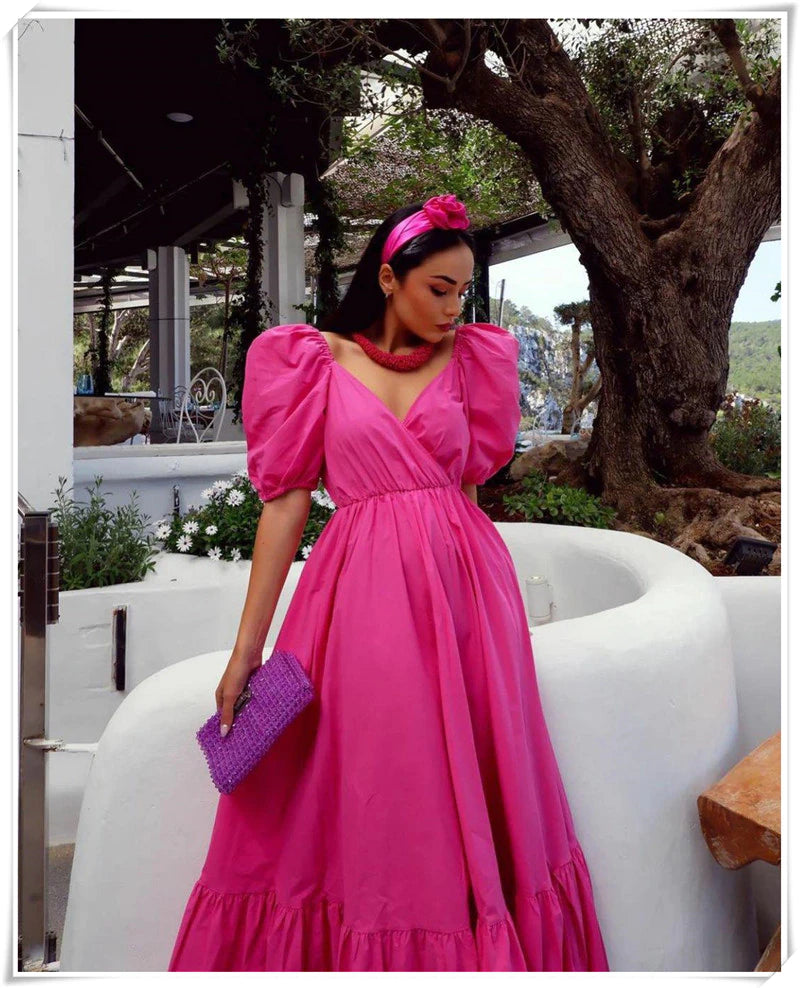 New Summer Women'S Dresses One Word Neck Bubble Short Sleeve Sexy Open Back Solid Color Dress Simple Pastoral Pink Tight Dress