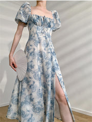 Lizakosht Midi Dress Elegant Square Collar Lace-up Women Floral Summer Puff Sleeve Slim Waist Female Split A-line Dresses Female Clothes