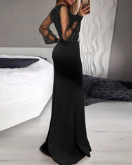 Lizakosht Elegant Women V Neck Black Party Club Dress Evening Maxi Dress Glitter Sheer Mesh Sleeve Split Thigh Ruffle Hem Prom Dress Gown