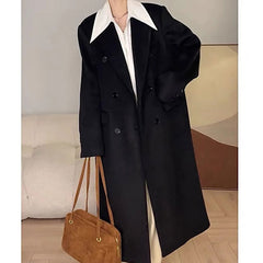 Lizakosht Winter Solid Turn Down Collar Woolen Coats Women Korean Simple Blazer Wool Long Coats Office Lday Doube Breasted Coats