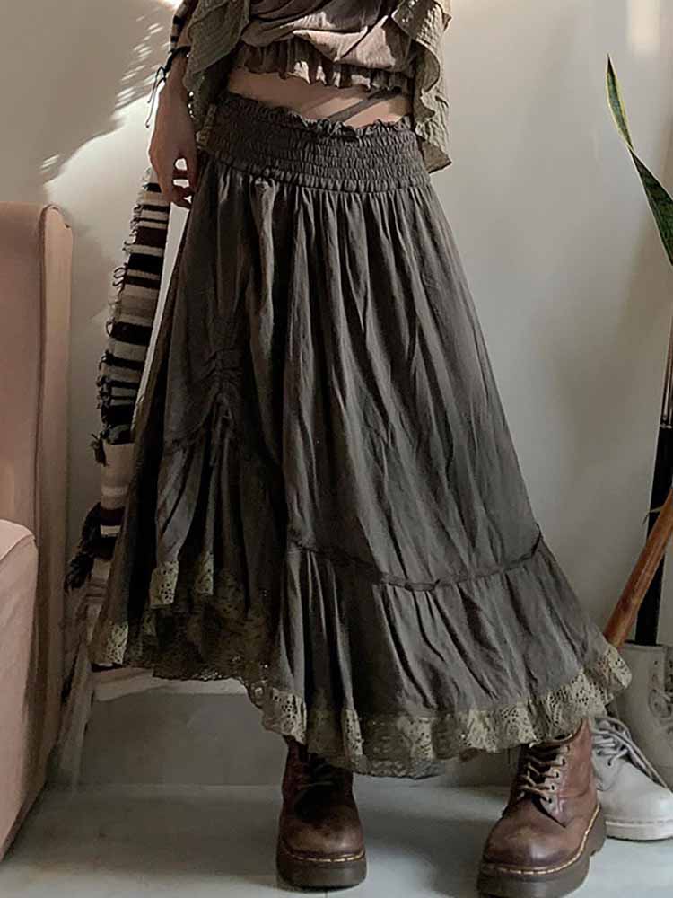 Lizakosht Long Skirt Vintage A-line Lace Splice Low Waist Maxi Skirts for Women Casual Country Style Summer Clothes Fashion