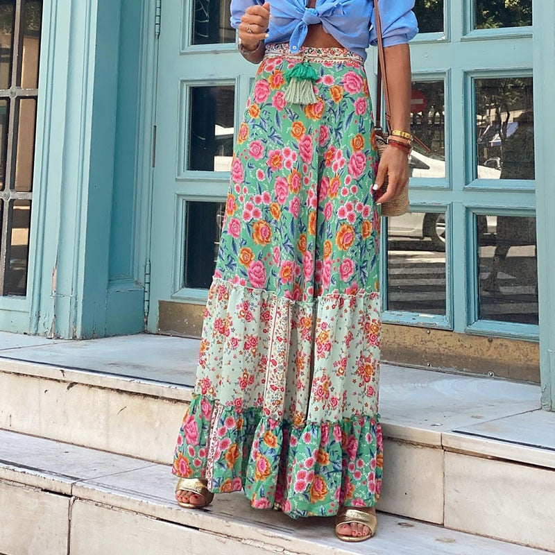 Lizakosht Casual Women Mid Waisted Drawstring Long Skirt Office Fashion Beach Skirts 2023 Vintage Pattern Print Pleated Party Dresses