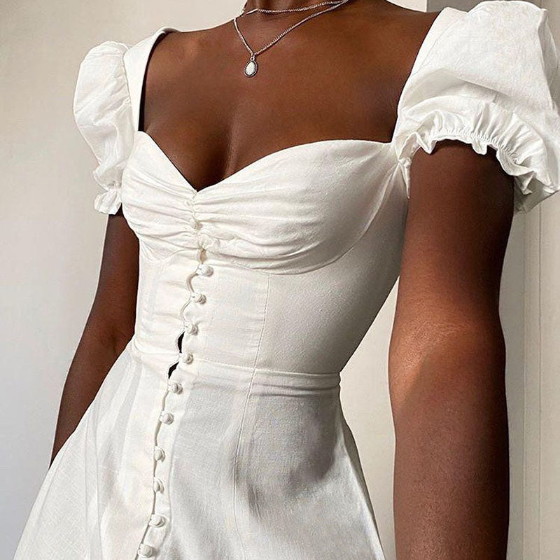 Summer Leisure Time Pure Color Dresses Front Open Button Straight Neck Bubble Short Sleeve Slim Fit White Elegant Long Dress