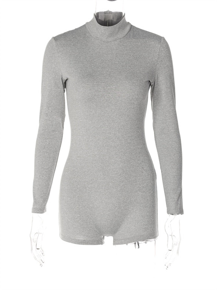 Lizakosht Habbris Autumn Solid Bodycon Romper Casual Outfit For Women  Long Sleeve O Neck One Pieces Female Grey Fashion Playsuit