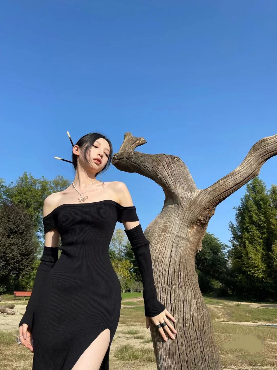 Spring Fashion Women Sexy Split Backless Off Shoulder Knitted Dress Female Club Party Y2K Dress