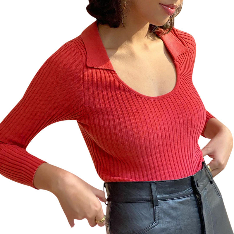 Lapel Long-sleeved Knitted Top Casual  Fall/winter New Fashion Women's Solid Color Lapel Slim Short Bottoming Shirt Women