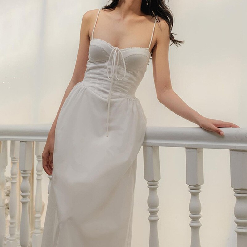 Lizakosht  Women's White Dress Low Cut Sling Dress Feminine Waist White Long Dress