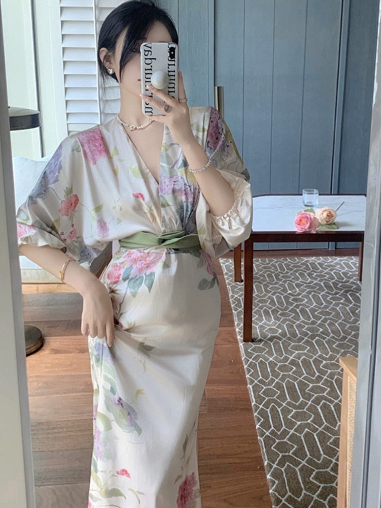 Hstar Oriental Classical Beauty Temperament Retro Ink Printing V-neck Women 2022 Summer Slim Long Elegant Dress robe traf boho