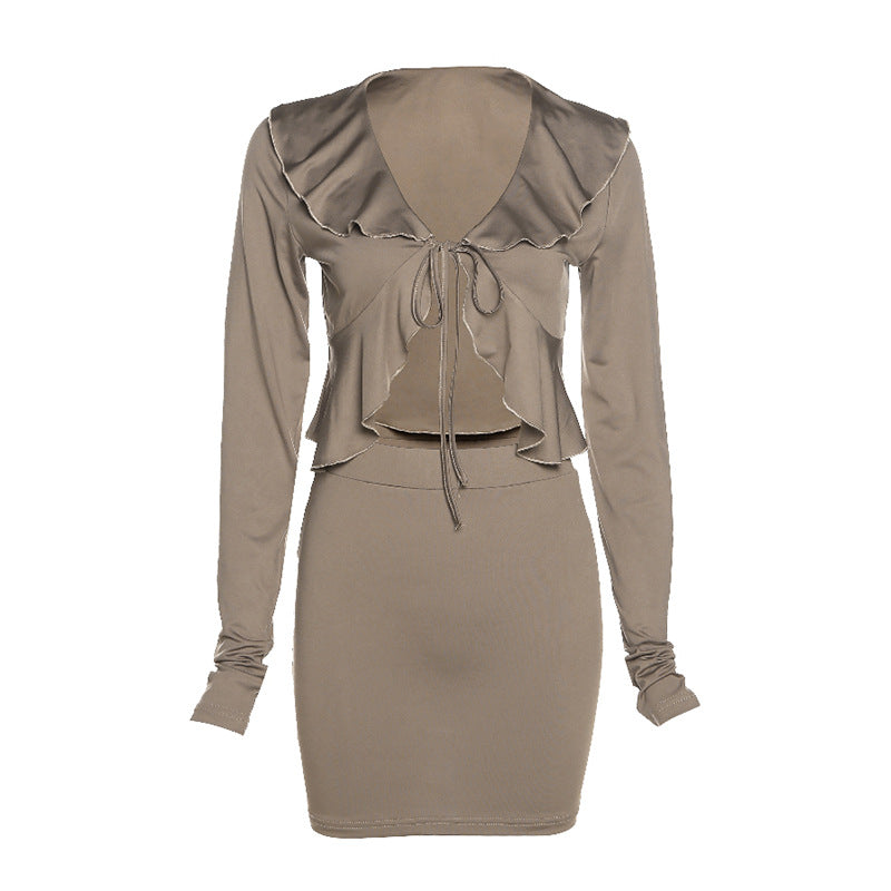 Lapel Tank Top Ruffles Tie Crop Top and Women's Pleated Mini Skirt Matching Set Women Skinny Cutout Sexy Two Piece Set for Women
